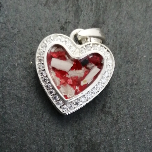 Silver CZ heart memory pendant with ashes