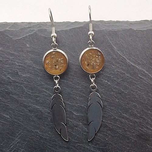 Stainless steel feather earrings with ashes